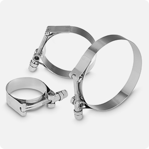 T-Bolt Band Clamps in 300 Series Stainless Steel in Standard, Channel Tongue, and Floating Bridge Styles